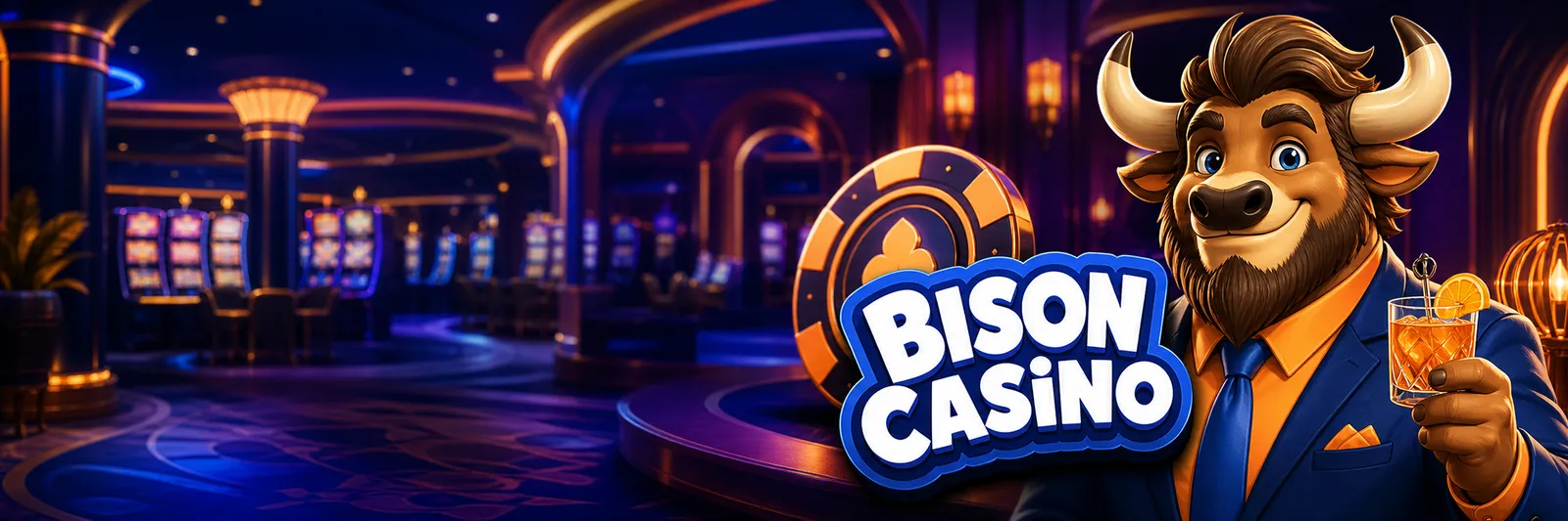 Promotional banner for BISON CASINO featuring the original cartoon bison mascot on the right side, set in an elegant casino i