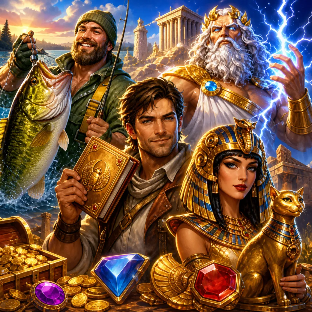 Promotional artwork of diverse slot game worlds with vibrant characters and themes, showcasing a blend of adventure, fantasy,