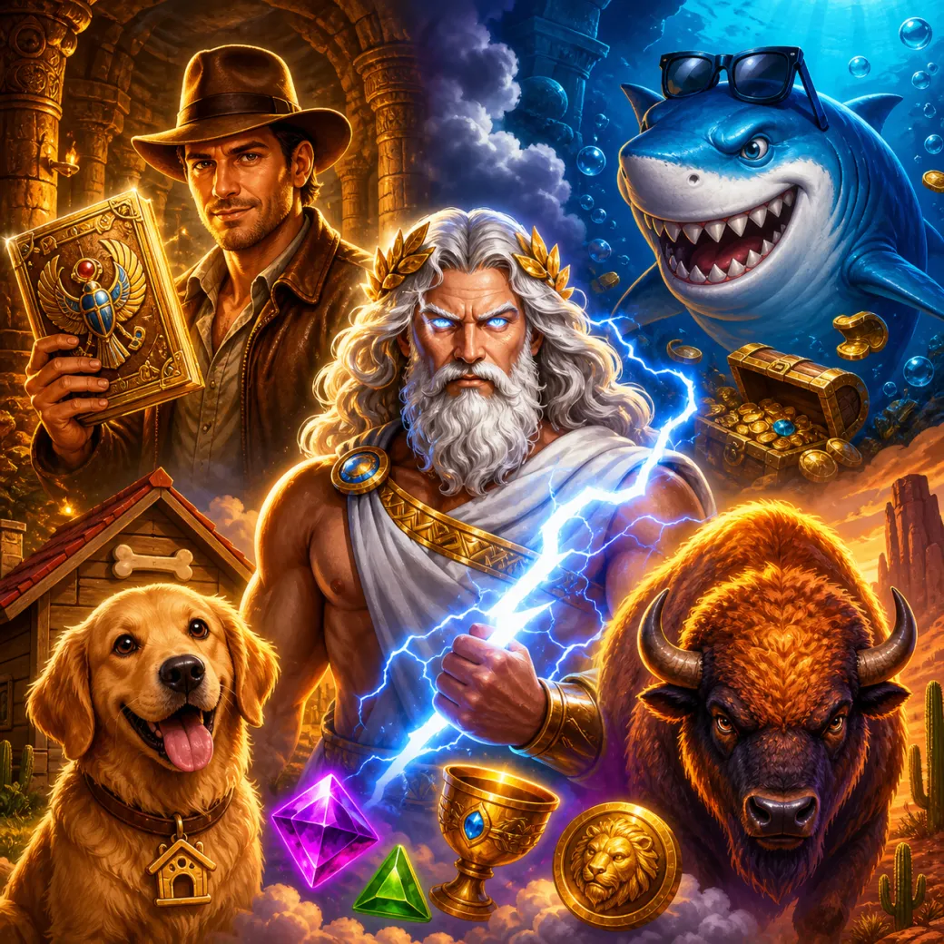 Premium slot artwork featuring mythological gods, candy landscape, and vibrant fantasy world.
