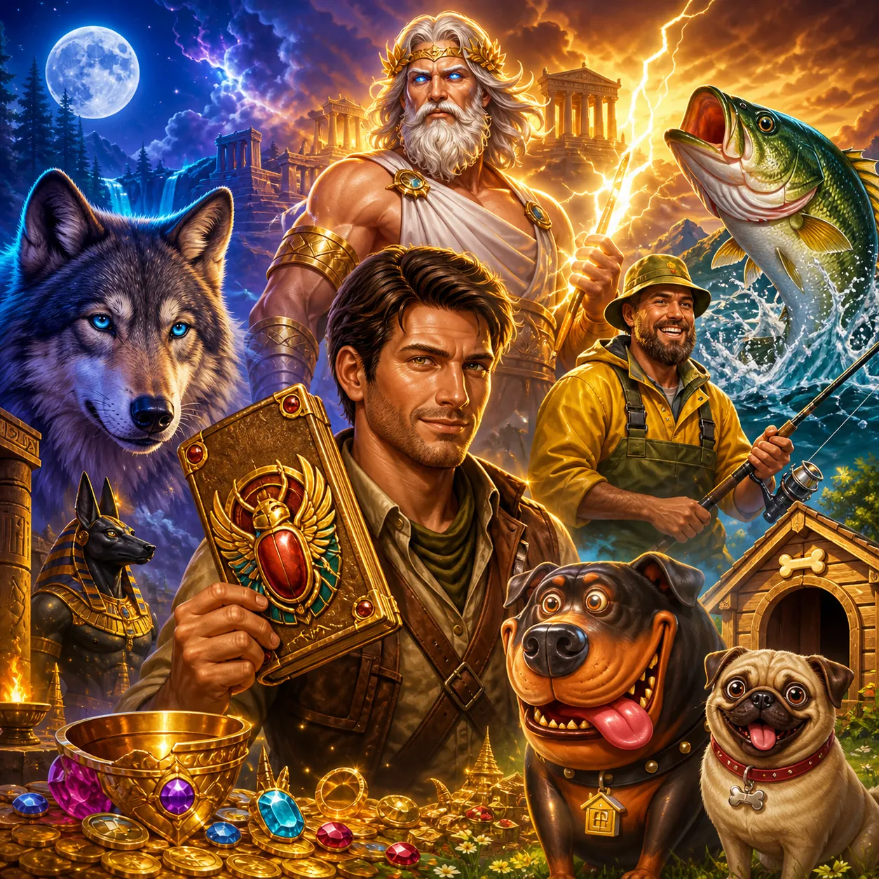 An artistic assembly of vibrant slot game characters and environments, focusing on fantasy, adventure, and mythology, in a co